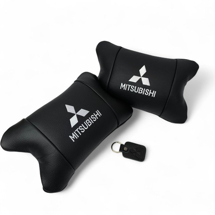 Подушки Mitsubishi з натуральної шкіри, Автоподушки на підголовник + шкіряний брелок з логотипом