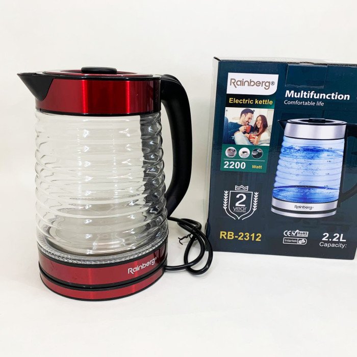Електрочайник Rainberg RB-2312 скляний дисковий чайник 2.2л 2200Вт Red