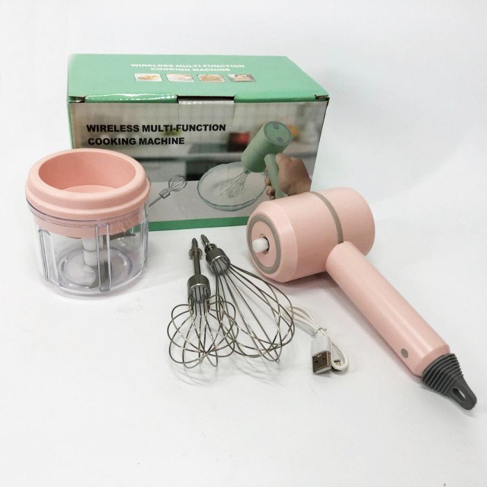 Ручний бездротовий міксер-подрібнювач 2 в 1. Колір: рожевий