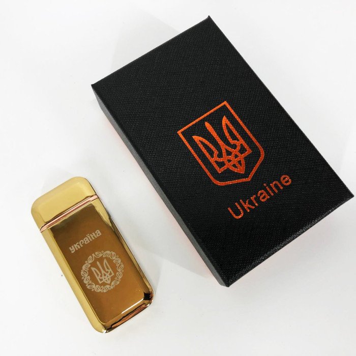 Дугова електроімпульсна запальничка USB Герб України індикатор заряду, ліхтарик HL-442. Колір: золотий