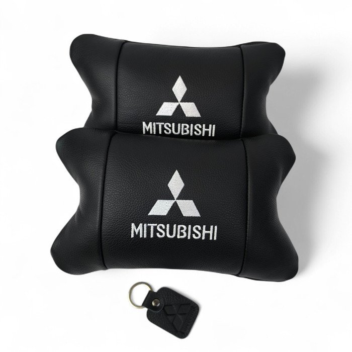 Подушки Mitsubishi з натуральної шкіри, Автоподушки на підголовник + шкіряний брелок з логотипом