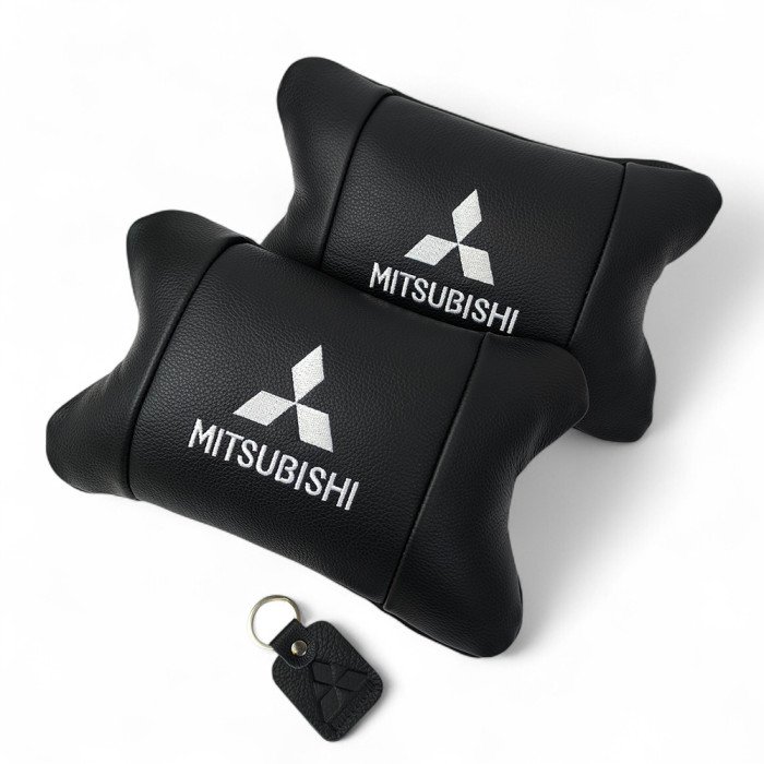 Подушки Mitsubishi з натуральної шкіри, Автоподушки на підголовник + шкіряний брелок з логотипом