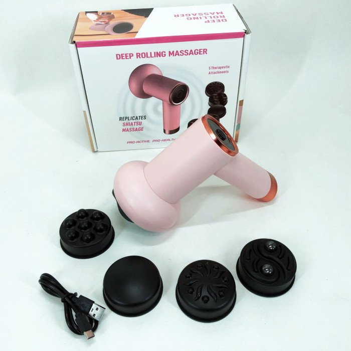 Масажер антицелюлітний для тіла рук та ніг 4 насадки 6 швидкостей Deep Rolling Massager. Колір: рожевий