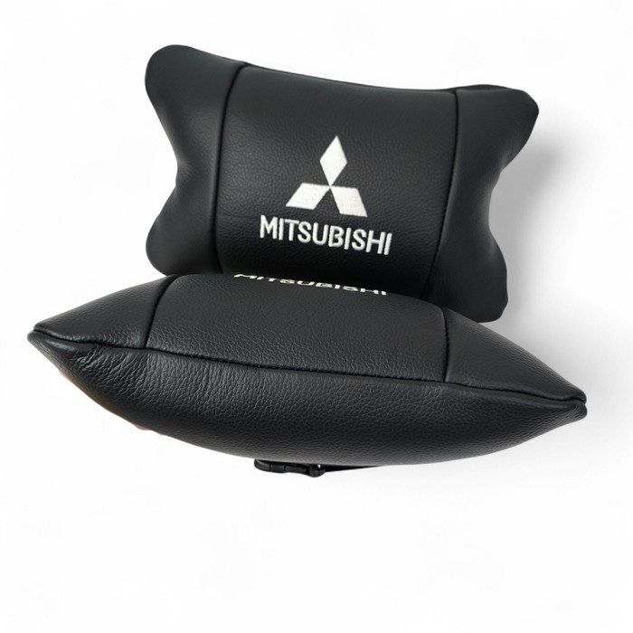 Подушки Mitsubishi з натуральної шкіри, Автоподушки на підголовник + шкіряний брелок з логотипом