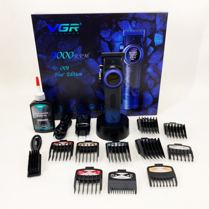 Професійна машинка для стрижки волосся VGR V-001 BLUE з дисплеєм 9000 об/хв та 10 насадками 1,5-24 мм