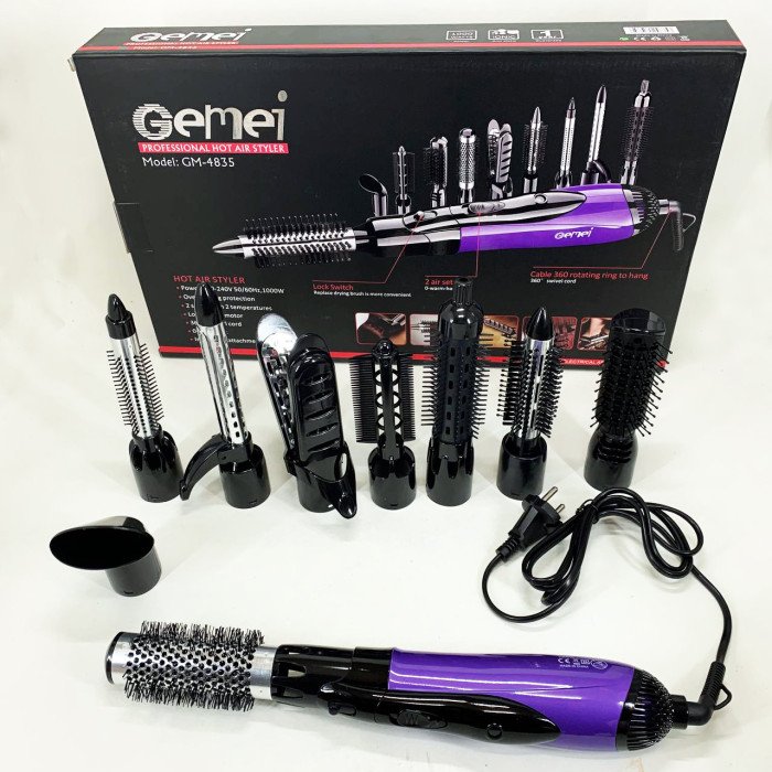 Фен - щітка стайлер Gemei GM-4835 багатофункціональний набір з насадками для волосся 10 в 1. Колір: фіолет