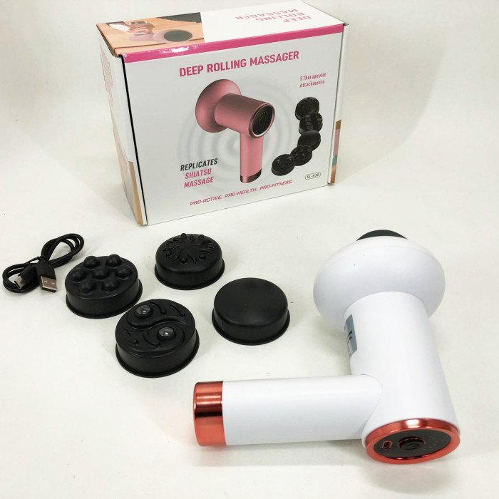 Масажер антицелюлітний для тіла рук та ніг 4 насадки 6 швидкостей Deep Rolling Massager. Колір: білий