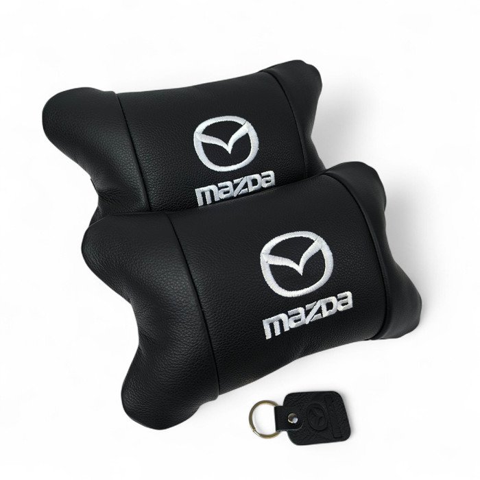 Набір шкіряних подушок Mazda з вишивкою логотипу + подарунок – шкіряний брелок
