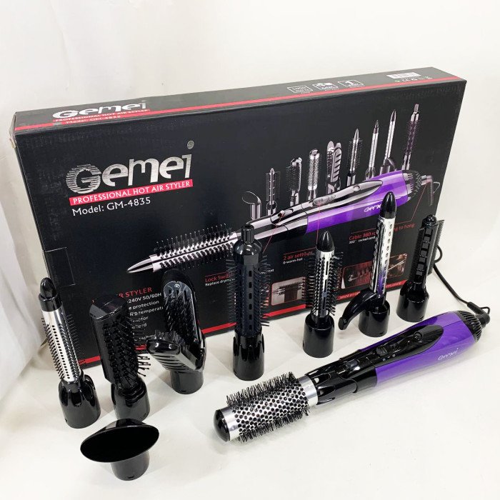 Фен - щітка стайлер Gemei GM-4835 багатофункціональний набір з насадками для волосся 10 в 1. Колір: фіолет
