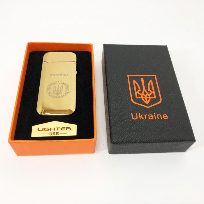 Дугова електроімпульсна запальничка USB Герб України індикатор заряду, ліхтарик HL-442. Колір: золотий