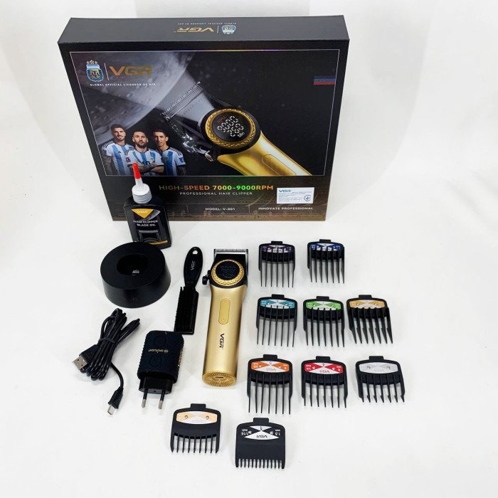 Професійна машинка для стрижки волосся VGR V-001 з дисплеєм 9000 об/хв та 10 насадками. Колір: золотий