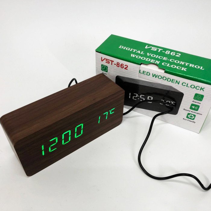 Електронний годинник VST-862-4, з датчиком температури, будильник, живлення від USB. Колір: коричневий-зелений