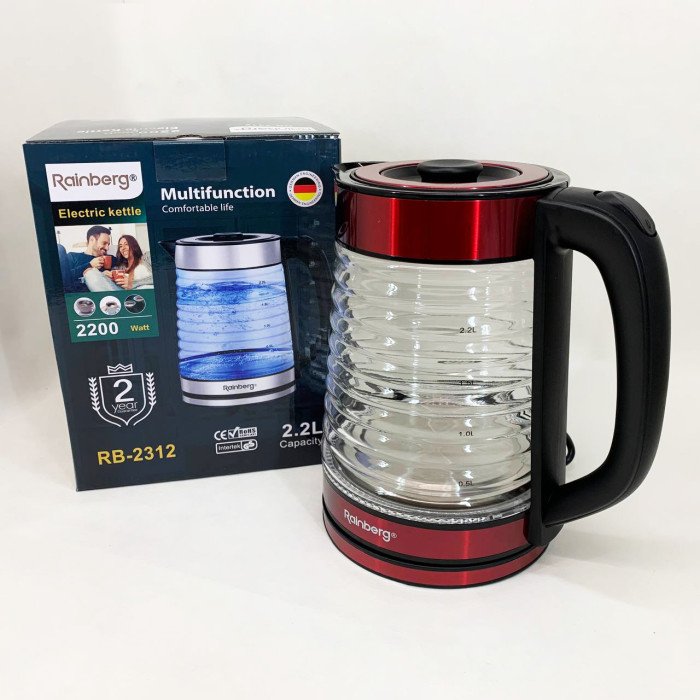 Електрочайник Rainberg RB-2312 скляний дисковий чайник 2.2л 2200Вт Red