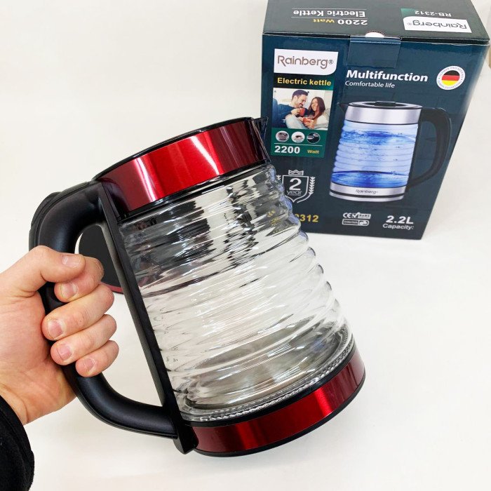 Електрочайник Rainberg RB-2312 скляний дисковий чайник 2.2л 2200Вт Red