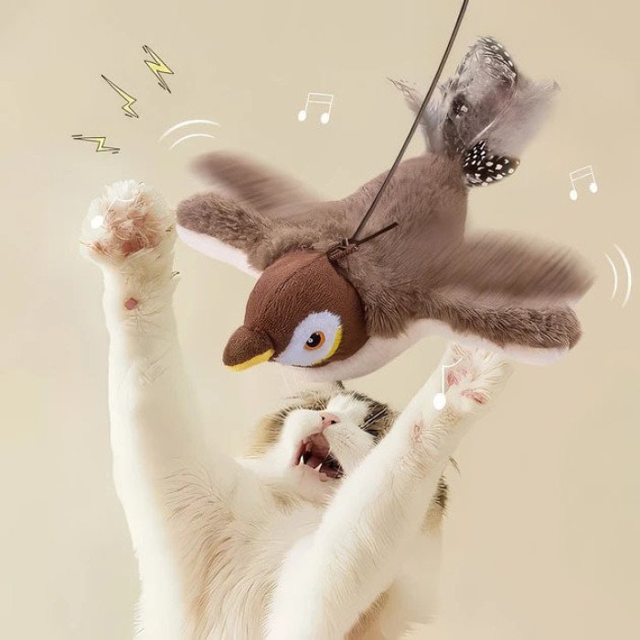 Інтерактивна іграшка для кішок літаюча пташка горобець для кота птах махає крилами