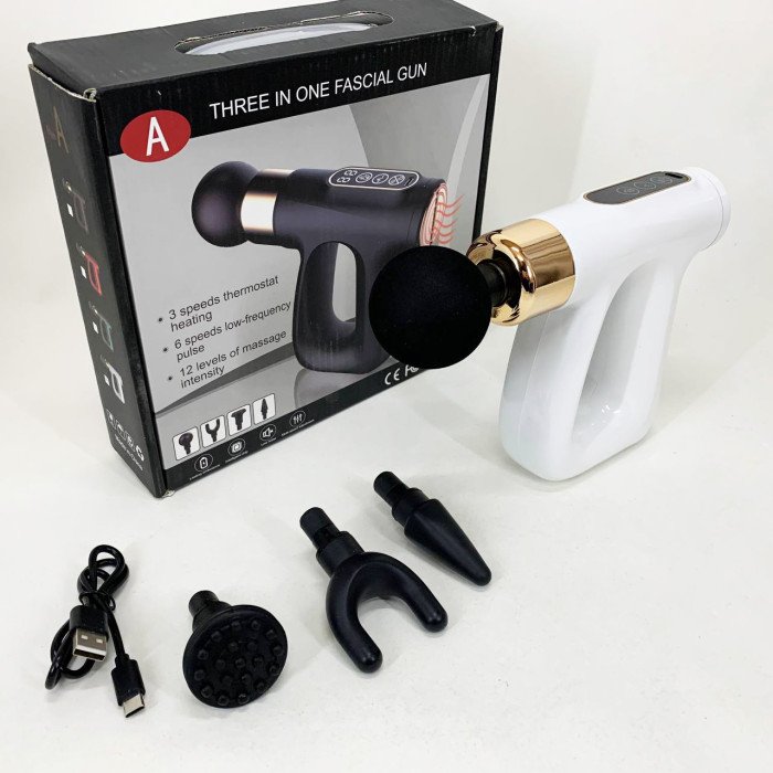 Ударний Перкусійний масажер для тіла та м'язів Масажний пістолет EM HB-007 акумуляторний білий