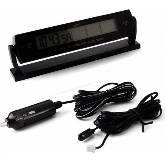Автомобильные часы с подсветкой VST-7013V вольтметр, 2 термометра Авточасы с выносным термометром