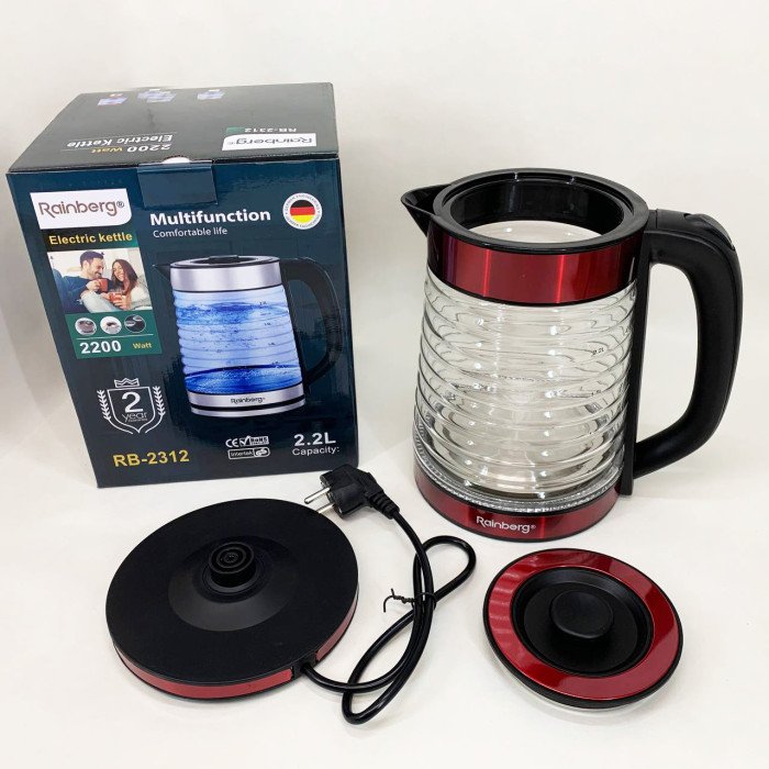 Електрочайник Rainberg RB-2312 скляний дисковий чайник 2.2л 2200Вт Red