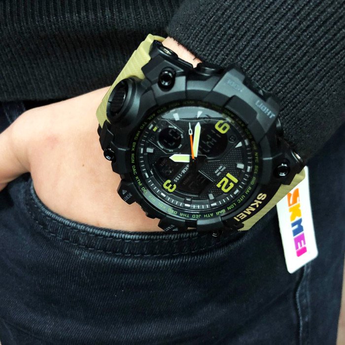 Годинник наручний чоловічий SKMEI 1155BKH KHAKI, водостійкий тактичний годинник, армійський годинник. Колір: хакі