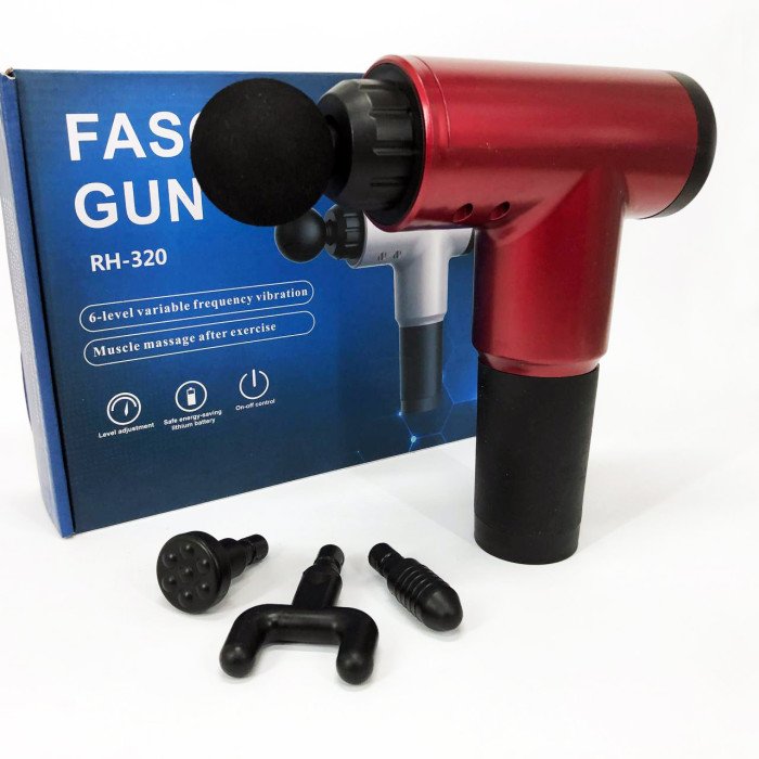 Акумуляторний масажер Fascial Gun KH-320 портативний ручний ударний м'язовий пістолет 4 насадки червоний