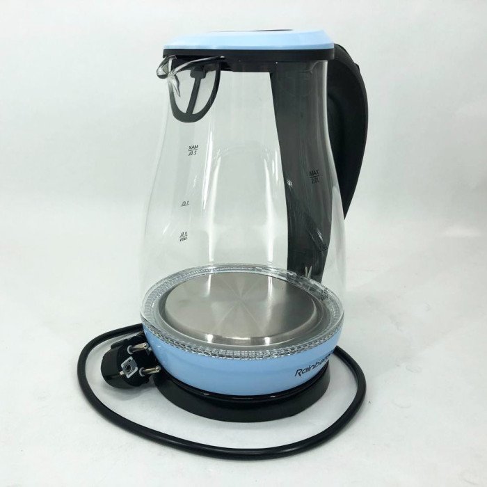 Чайник електричний скляний Rainberg RB-914, прозорий чайник з підсвічуванням. Колір: блакитний