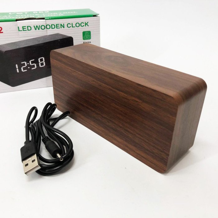 Електронний годинник VST-862-4, з датчиком температури, будильник, живлення від USB. Колір: коричневий-зелений