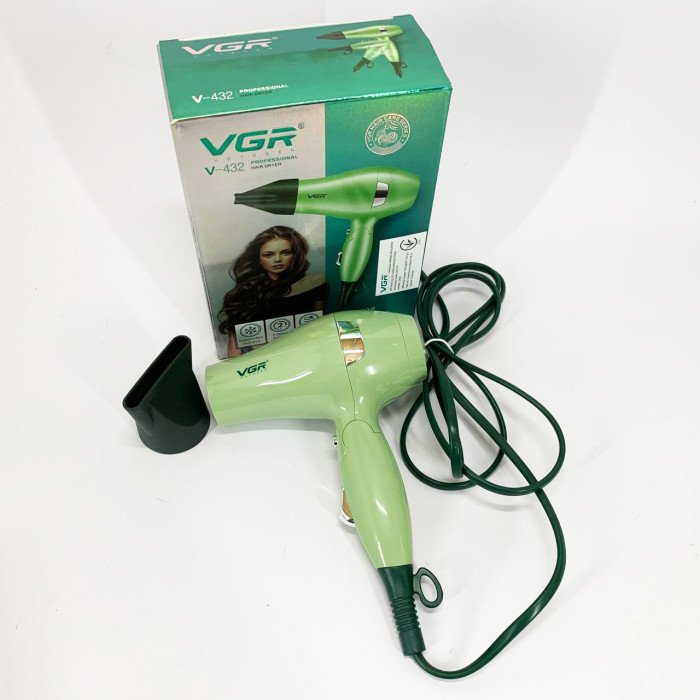 Фен для волосся дорожній VGR V-432 GREEN, з концентратором 1000 Вт, іонізація та 2 режими. Колір: зелений