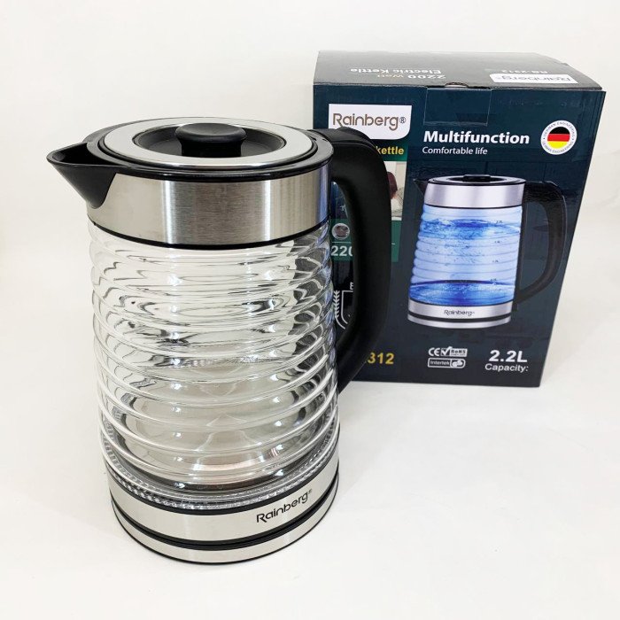 Електрочайник Rainberg RB-2312 скляний дисковий чайник 2.2л 2200Вт Silver