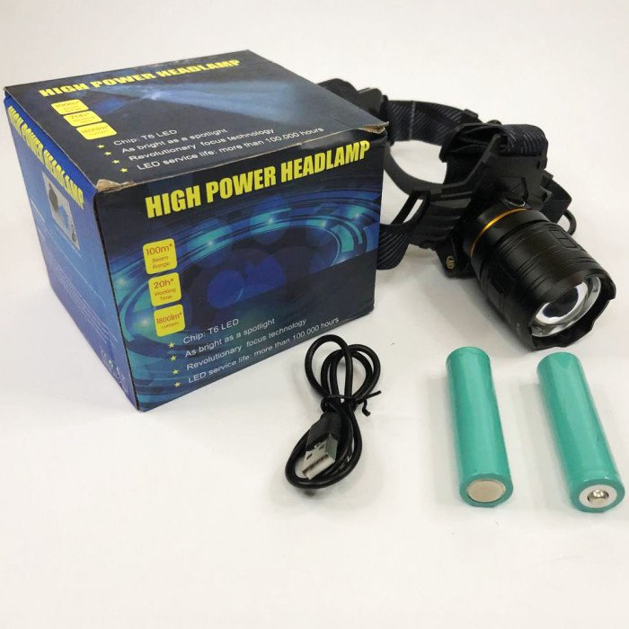 Ліхтар налобний потужний Bailong BL-8075-2-GT100, 3 режими, Zoom, алюміній, акумулятор 2*18650, USB кабель