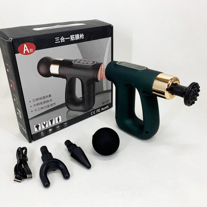 Ударний Перкусійний масажер для тіла та м'язів Масажний пістолет EM HB-007 акумуляторний зелений