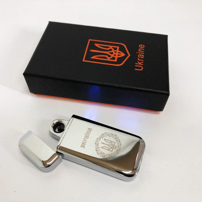 Дугова електроімпульсна запальничка USB Герб України індикатор заряду, ліхтарик HL-442. Колір: срібло