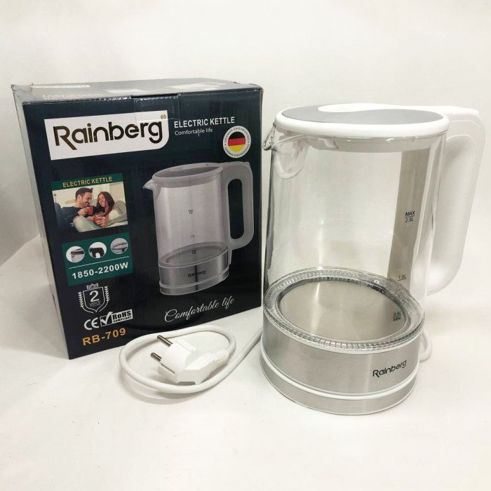 Дисковий електричний чайник Rainberg RB-709 скляний з підсвічуванням, чайник електро. Колір: білий
