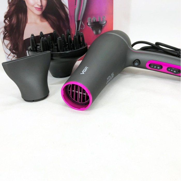 Професійний потужний фен з насадками VGR V-402 з концентратором та дифузором для сушіння та укладання волосся