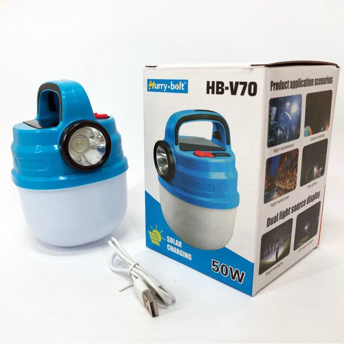 Підвісний ліхтар світильник LED з гачком для кемпінгу, ліхтариком та сонячною панеллю. Колір: синій