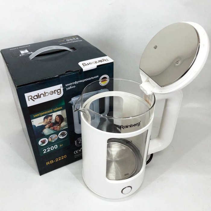 Електрочайник Rainberg RB-2220 скляний дисковий прозорий. Чайник із підсвічуванням 2200W. Колір: білий