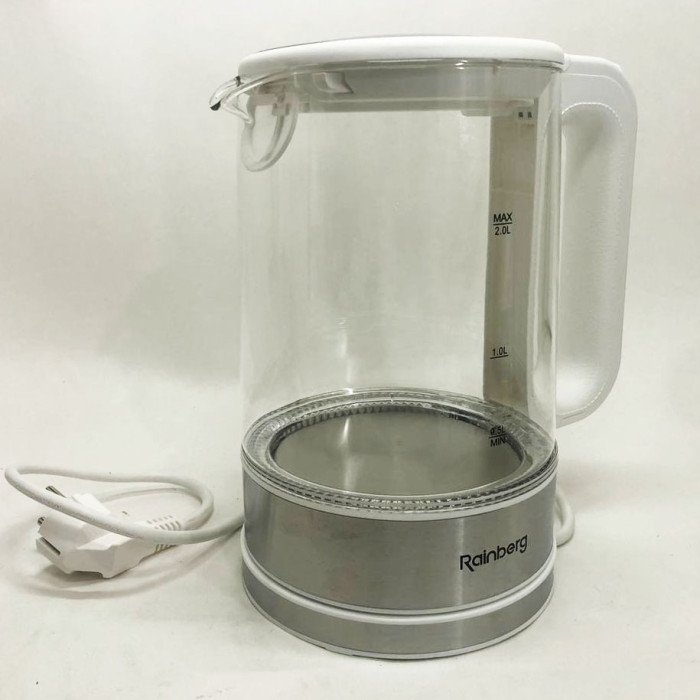 Дисковий електричний чайник Rainberg RB-709 скляний з підсвічуванням, чайник електро. Колір: білий