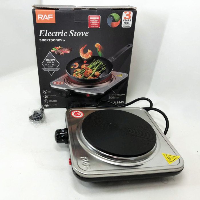 Електроплита на 1 конфорку RAF-8843 1000 Вт із нержавіючої сталі дискова, міні електроплита