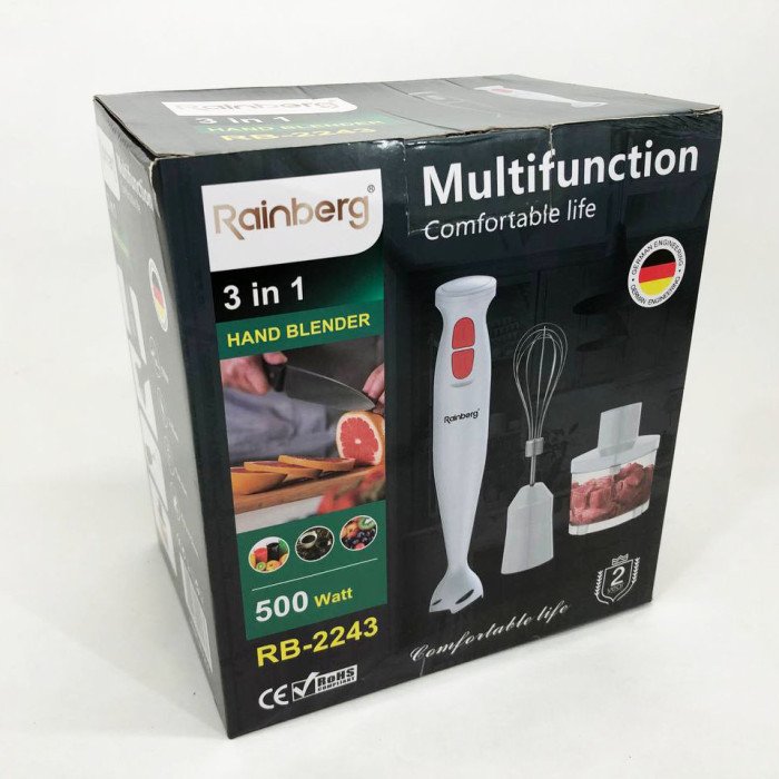 Блендер 3в1 Rainberg RB-2243 500W занурювальний блендер подрібнювач для молочних коктейлів. Колір: білий