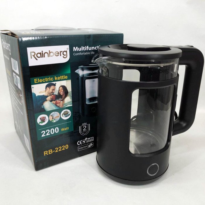Електрочайник Rainberg RB-2220 скляний дисковий прозорий. Чайник із підсвічуванням 2200W. Колір: чорний