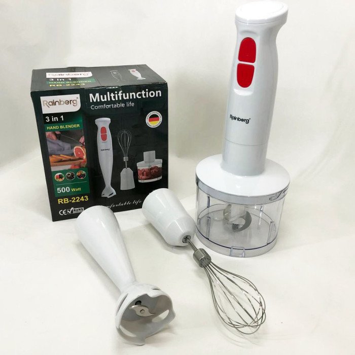 Блендер 3в1 Rainberg RB-2243 500W занурювальний блендер подрібнювач для молочних коктейлів. Колір: білий