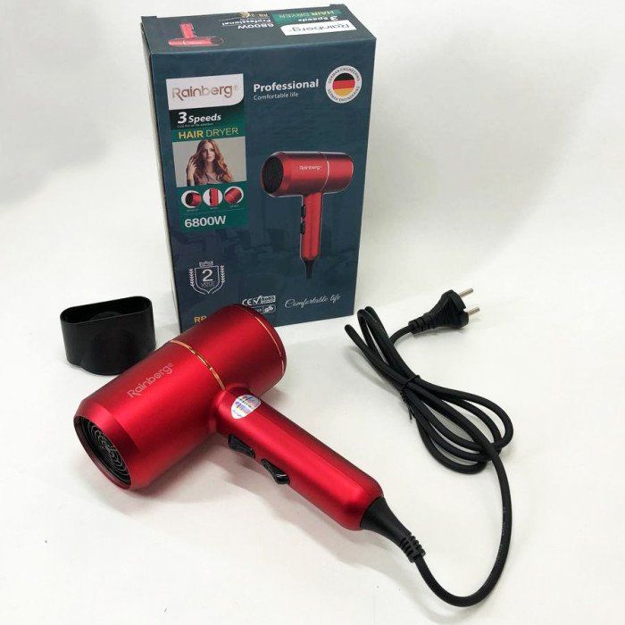 Фен для укладання та сушіння волосся Rainberg RB-2211 + насадка-концентратор, повітряний стайлер. Колір: червоний