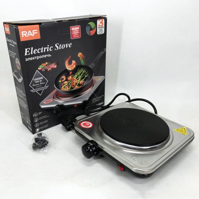 Електроплита на 1 конфорку RAF-8843 1000 Вт із нержавіючої сталі дискова, міні електроплита