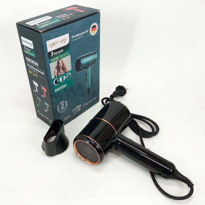 Фен для укладання та сушіння волосся Rainberg RB-2211 + насадка-концентратор, професійний фен. Колір: чорний