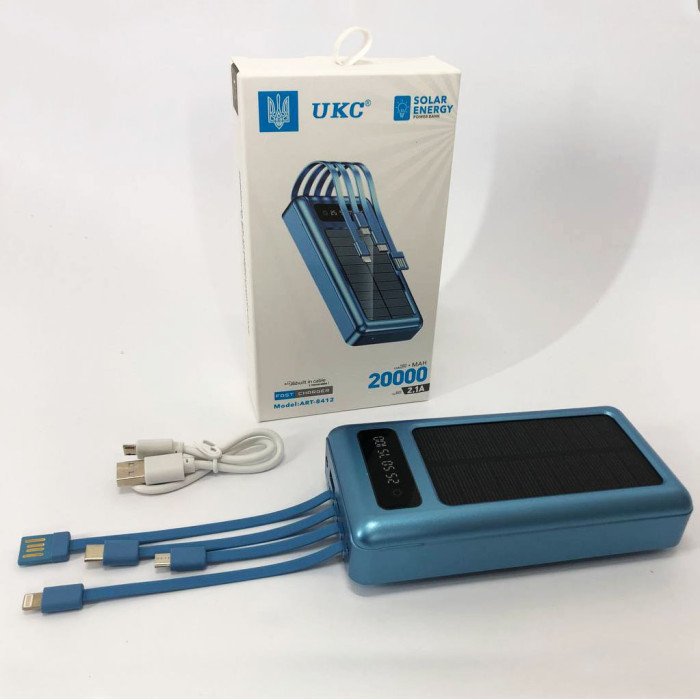 Портативний зарядний пристрій на 20000mAh, Power Bank на сонячній батареї, для планшета. Колір: синій