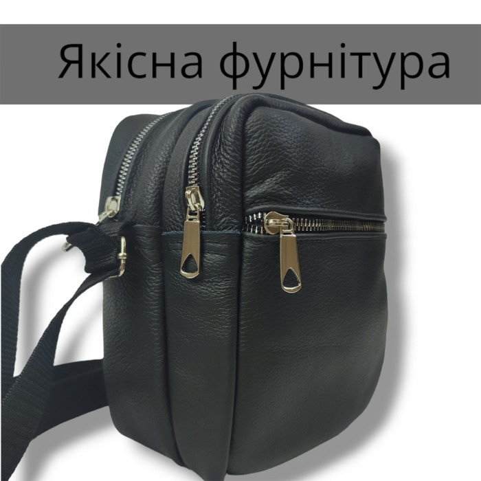 Якісна чоловіча сумка - месенджер з натуральної шкіри на 4 кишені зі срібною блискавкою