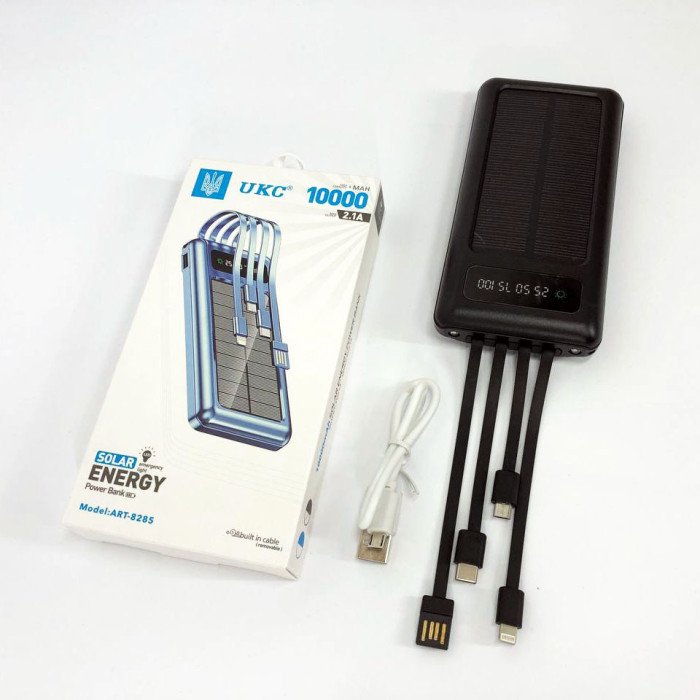 Портативний зарядний пристрій на 10000mAh, Power Bank на сонячній батареї, заряджання. Колір: чорний