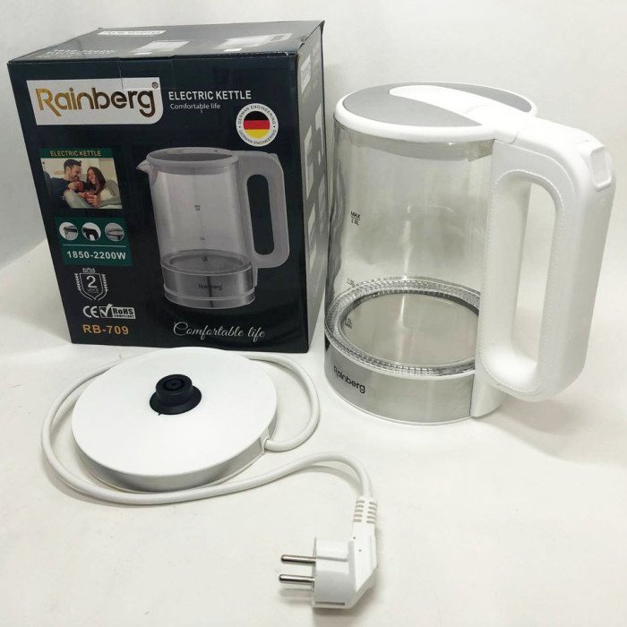 Дисковий електричний чайник Rainberg RB-709 скляний з підсвічуванням, чайник електро. Колір: білий