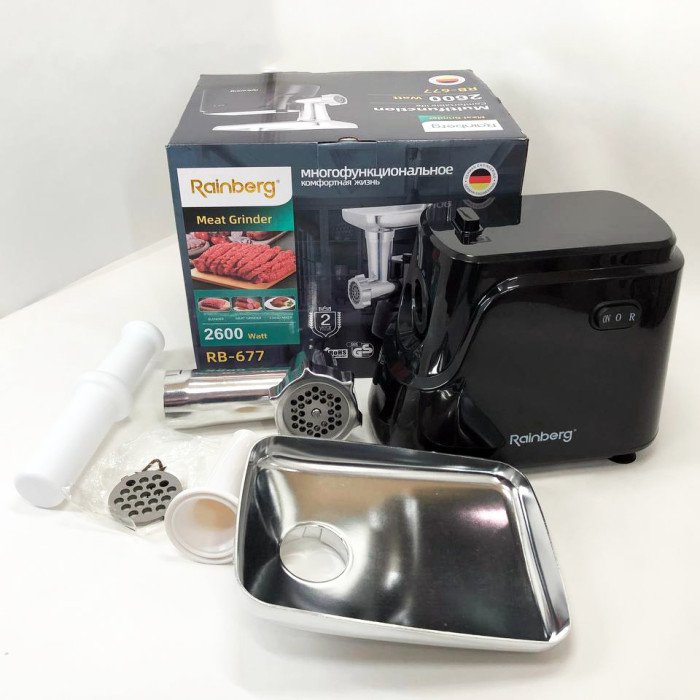 Електрична м'ясорубка Rainberg RB-677 2600W з насадкою для ковбас, м'ясорубка з металевим редуктором