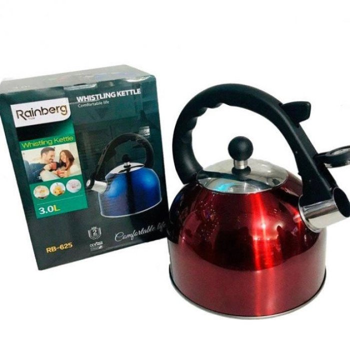 Чайник Rainberg RB-625 з нержавіючої сталі зі свистком 3л, гарний чайник зі свистком. Колір: червоний
