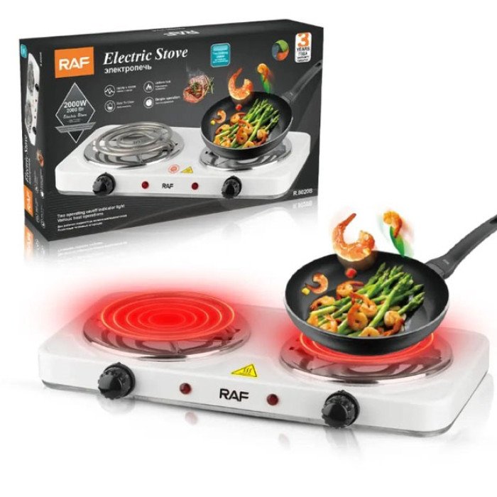 Електрична плитка RAF 8020B 2000W плита на дві конфорки біла для кухні дачі настільна спіральна